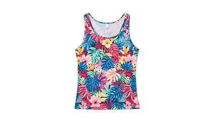 Colorful tropical floral pattern garment photographed against a dark background