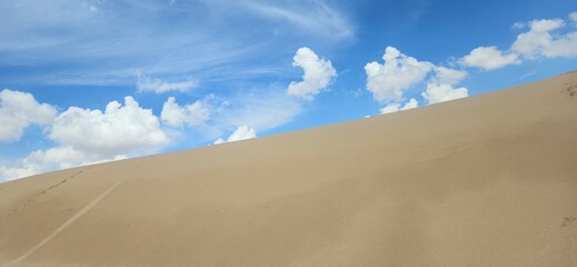 Sandy dune with footprints against a cloudy sky at Monahans Sandhills State Park, Texas