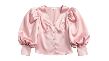 Elegant pink satin blouse featuring dramatic voluminous puffed sleeves and button closure
