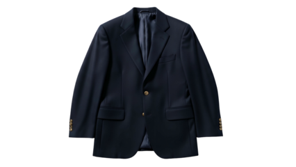 Formal navy blue menswear jacket displays gold-toned buttons against a stark black background