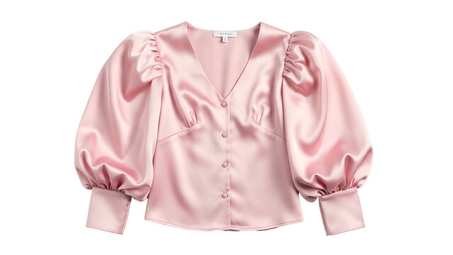 Elegant pink satin blouse featuring dramatic voluminous puffed sleeves and button closure