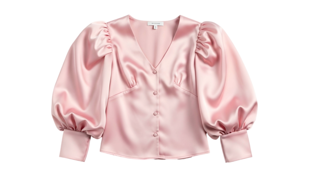 Elegant pink satin blouse featuring dramatic voluminous puffed sleeves and button closure