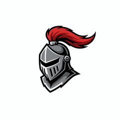 Illustration featuring a stylized knight's helmet, rendered in shades of grey with red plume