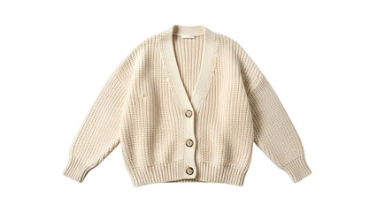 Cream colored chunky knit button up cardigan sweater displayed against a dark background