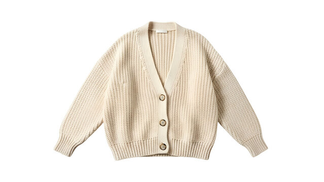Cream colored chunky knit button up cardigan sweater displayed against a dark background