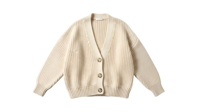 Cream colored chunky knit button up cardigan sweater displayed against a dark background