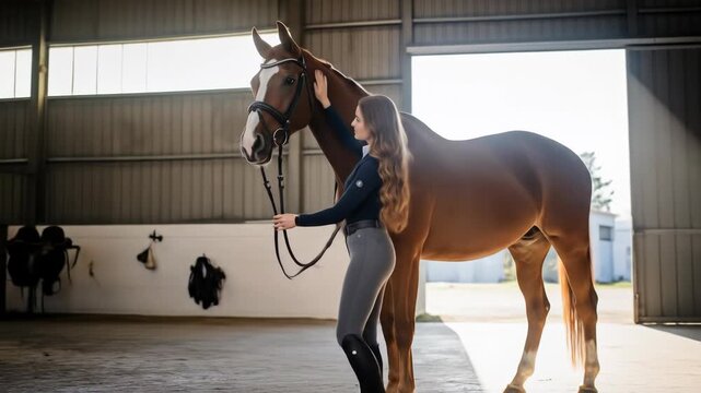 A woman in equestrian attire lovingly interacts with a horse inside a sunlit stable