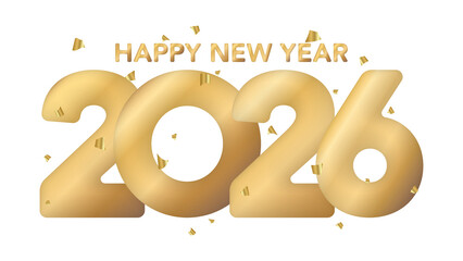 Happy New Year 2026 calligraphy gold color with confetti isolated.