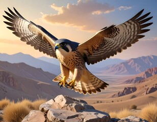 Bird of prey in full flight over a mountain range during sunset