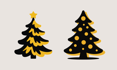 Obraz premium Flat Christmas Tree Icon Set Illustration With Two Festive Holiday Trees Decorated With Star And Ornaments In Black And Yellow Vector Graphic For Winter Celebration And New Year Design