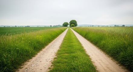 Rural dirt road through green fields leading to distant trees a scenic landscape for travel and nature themes