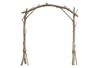Wooden archway made from intertwined branches and logs, forming a rustic natural entrance on transparent background