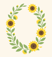 Circular sunflower wreath with green leaves and buds on beige background

