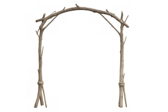 Wooden archway made from intertwined branches and logs, forming a rustic natural entrance on transparent background