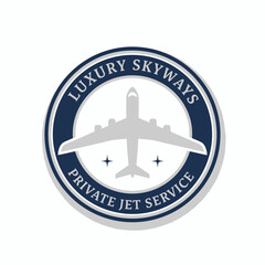A round emblem featuring an airplane silhouette and surrounding text. A luxurious, private jet service