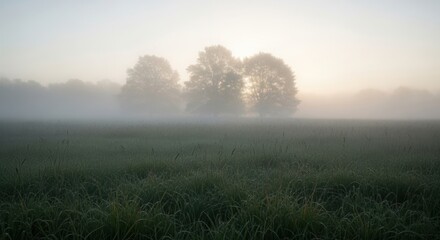 Misty morning landscape with trees in a field atmospheric scene with fog nature background for environmental concepts