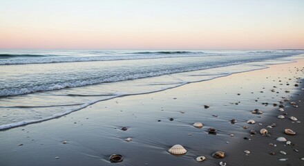 Calm beach scene with seashells soft pastel colors at sunset tranquil coastal landscape