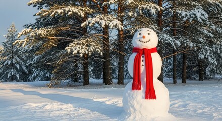 Joyful snowman with bright red scarf stands proudly in a sunlit winter forest, creating a magical scene of pure holiday cheer and frosty fun.