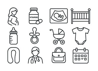 Pregnancy and baby essentials icons: vitamins, ultrasound, cradle, bottle, stroller, doctor