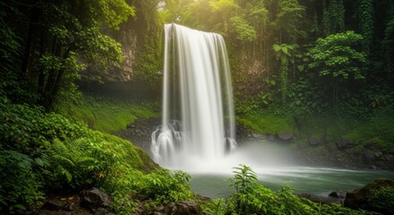 Waterfall cascading through lush green forest long exposure shot of water flowing nature scene for travel and tourism promotions