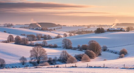 Serene winter landscape with rolling snow-covered hills, bare trees casting long shadows, and warm light from distant houses creating a peaceful, idyllic countryside scene at dawn or dusk.