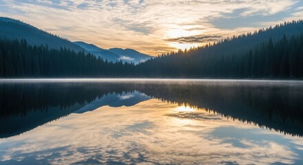 Serene mountain lake reflecting trees and sky tranquil nature scene with water reflection ideal for travel and landscape photography