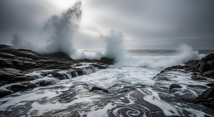 Dramatic ocean waves crashing on rocky shore powerful seascape with stormy sky nature photography for travel and adventure concepts