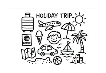 Holiday travel doodle icons featuring vacation elements and child's face