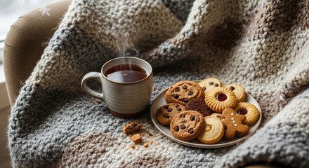 Cozy winter comfort with steaming hot tea and a plate full of delicious cookies, perfect for a relaxing afternoon break.