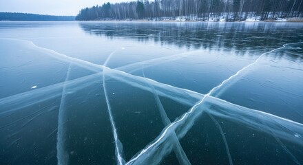 Frozen lake with cracked ice winter landscape with forest reflection seasonal nature background