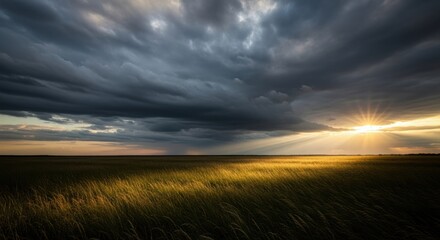 Dramatic stormy clouds over a golden field sun rays breaking through creating a powerful and atmospheric landscape