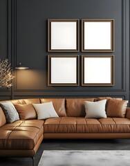 Modern Brown Leather Sectional Sofa in Dark Room with Gold Frames