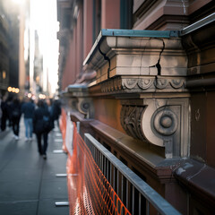 Blurred figures walk down a city street past a building with ornate architectural details and orange safety fencing in the foreground cornice collapse 