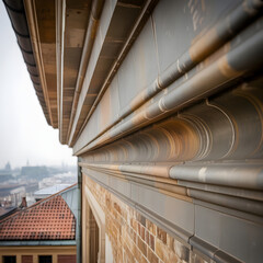 Closeup view of the detailed cornice collapse and tiled roof of an old building, with a cityscape visible in the distant background