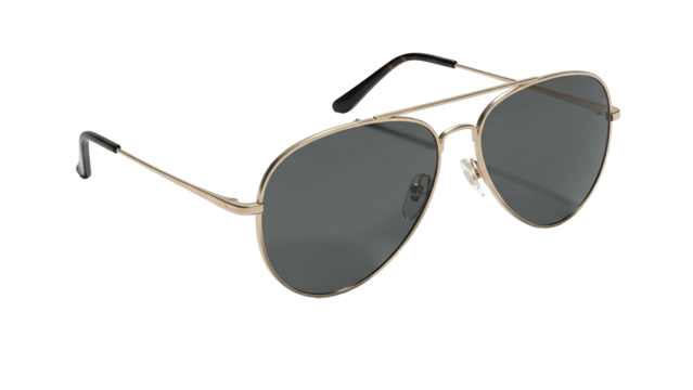 Aviator style protective eyewear features metallic frames and darkened lenses isolated on black