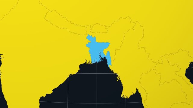 Bangladesh map. Animated zoom into the country on the Globe in Charcoal Bright Yellow color palette. Country logo animation. Map with meridians, parallels. Artistic video.