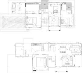 Black and White Drawing Layout of a Two-Story Residential Building with Furniture Arrangement for Interior Design