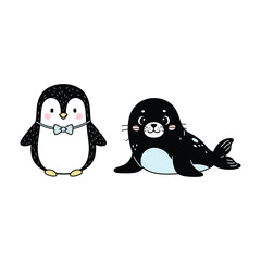 Fototapeta premium Cute Cartoon Penguin and Seal Illustration animal wildlife arctic antarctic ocean marine mammal bow tie character drawing clipart