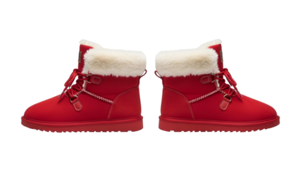 Pair of vibrant red winter boots with cream-colored fur lining displayed against a solid black background
