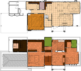 2D Drawing Layout of a Two-Story Residential Building Showing Furniture Arrangement and Beautiful Colored Flooring Design