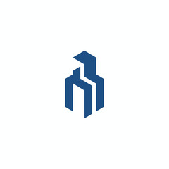 Fototapeta premium A geometric, blue architectural emblem. Three stylized, interlocking forms, clean lines, and a minimalist design