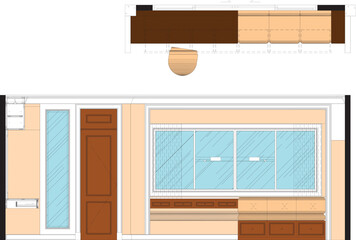 Drawing Plan and Elevation of Bedroom Work Desk Corner and Sofa Seating Area with Beautiful Coloring for Interior Design