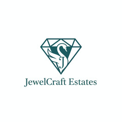 A diamond shaped emblem with a swan and the letter J, text below