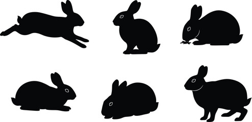 Silhouette rabbits in jumping, sitting, crouching, resting, standing poses—black and white vector illustration for wildlife, nature, animal concept