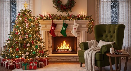 Cozy Christmas living room scene with a beautifully decorated tree, roaring fireplace, festive stockings, and a comfortable armchair, inviting warmth and holiday cheer