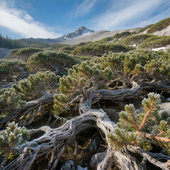 Closeup of frost covered, gnarled branches of low lying alpine shrubs on a rocky mountainside with a snowcapped peak in the distance krummholz zone 