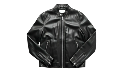 Sleek black motorcycle style outerwear displays metallic hardware against a dark backdrop