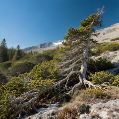 A solitary, gnarled pine tree with exposed roots grows on a rocky slope with sparse vegetation under a clear blue sky
