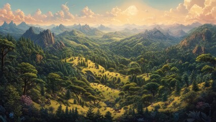Mountain valley landscape with lush forest and distant peaks