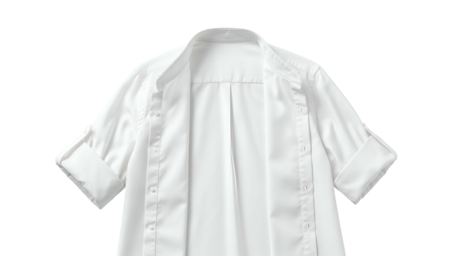 Crisp white garment displaying rolled sleeves and an open collar presentation